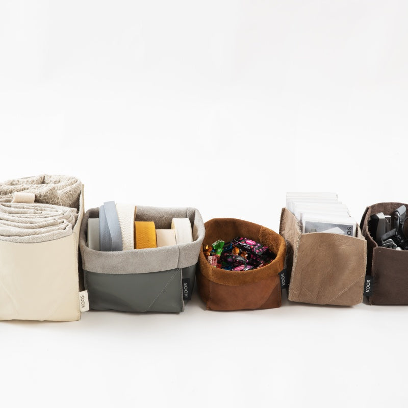 Big Leather Basket, natural white 18x18x18