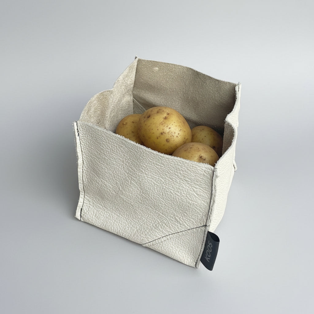 Leather Basket, natural white 13x13x12