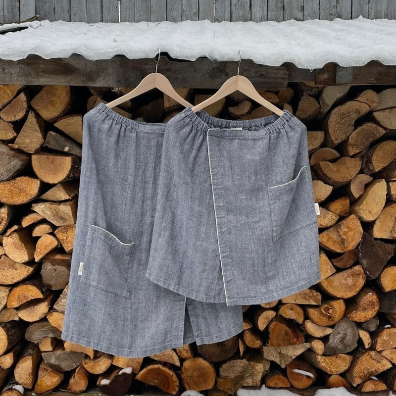 Linen Women Sauna Skirt, grayish blue with fishbone pattern