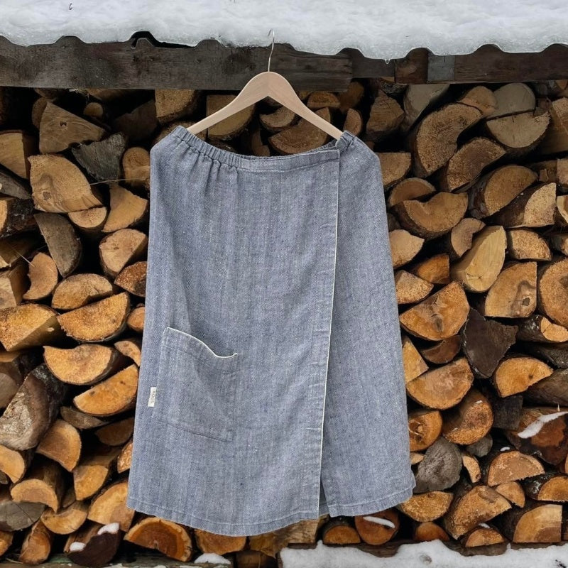 Linen Women Sauna Skirt, grayish blue with fishbone pattern