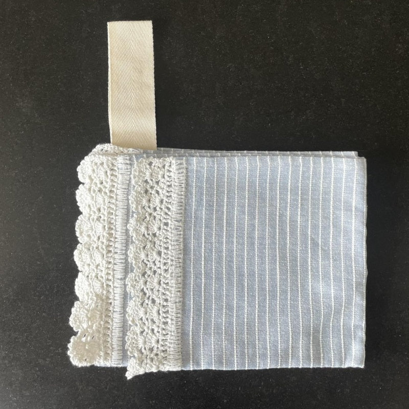 Small Linen Crocheted Lace Towel, light blue with stripes