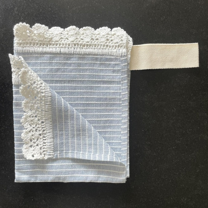 Small Linen Crocheted Lace Towel, light blue with stripes