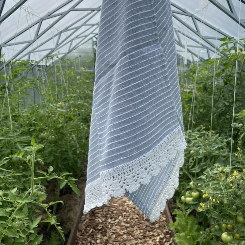 Small Linen Crocheted Lace Towel, light blue with stripes