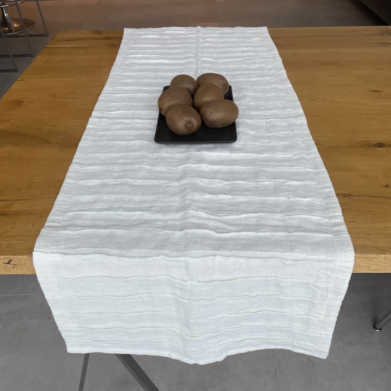 Linen Table Runner, natural white with folds 42x122