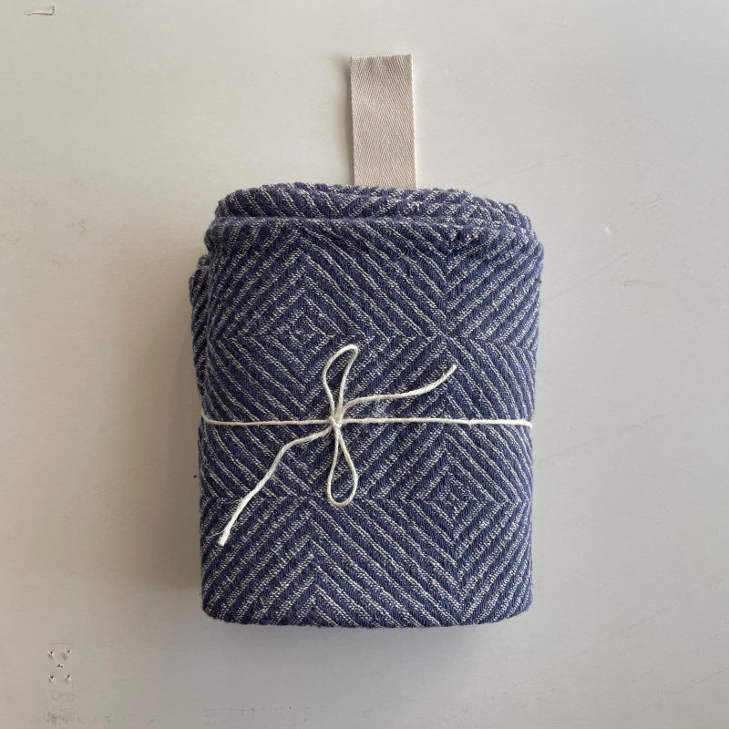 Big Linen Towel, blue checkered fishbone pattern